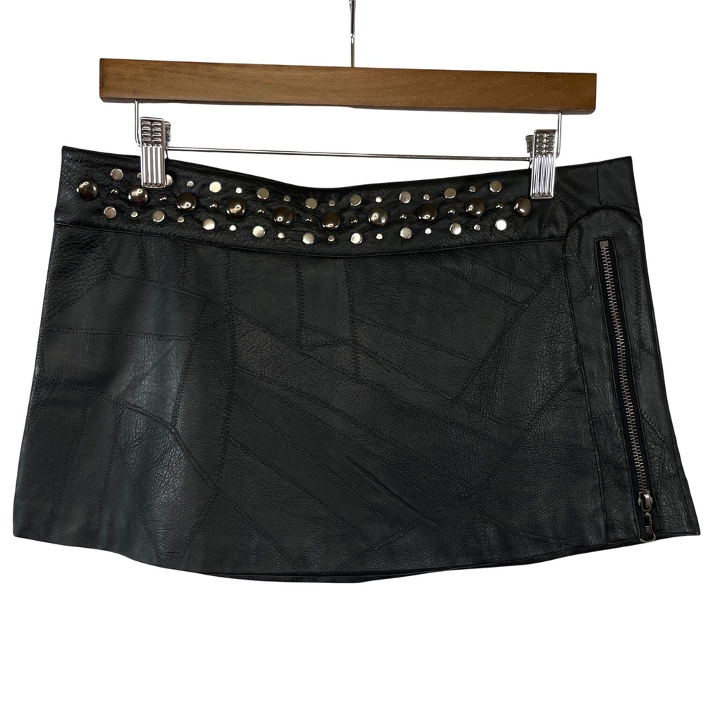 Bebe Y2K Faux Leather Mini Skirt S Black Studded Patchwork Rocker Edgy Festival
